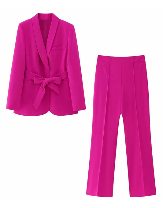Fuchsia Shawl Lapel 2 Pièces Tailleur Feminin avec Ceinture