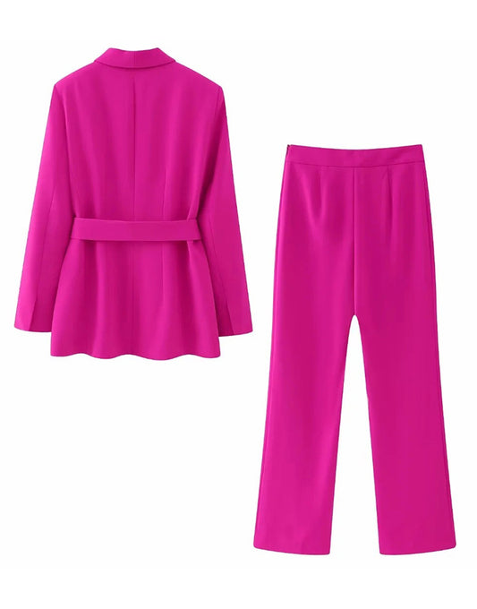 Fuchsia Shawl Lapel 2 Pièces Tailleur Feminin avec Ceinture