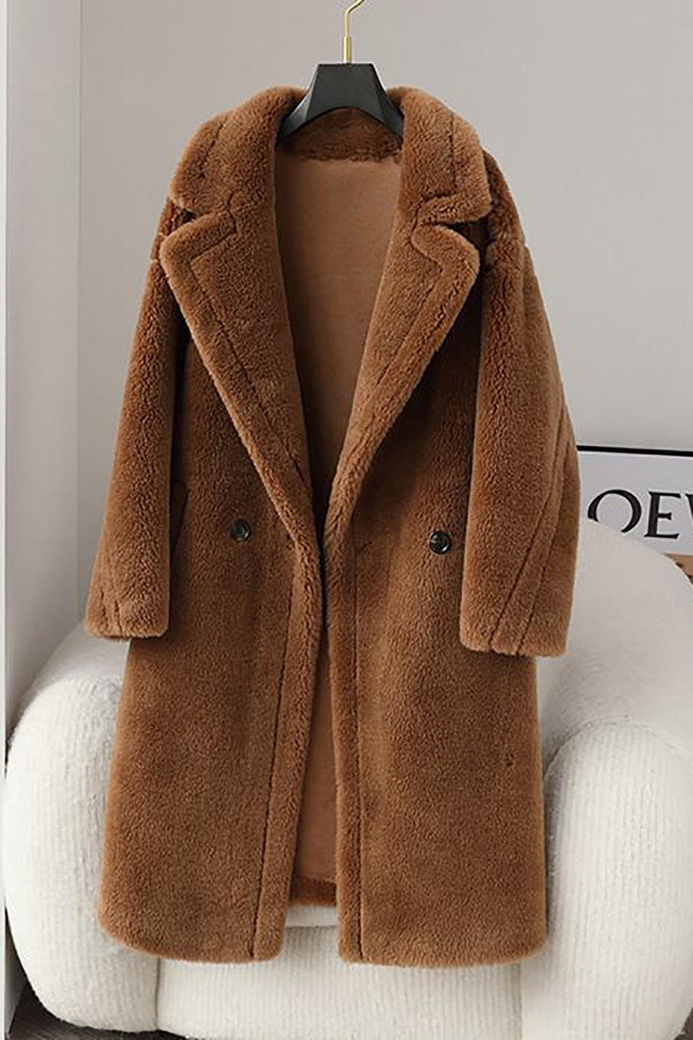 Marron Revers Entonné Long Manteau en laine teddy