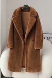 Marron Revers Entonné Long Manteau en laine teddy
