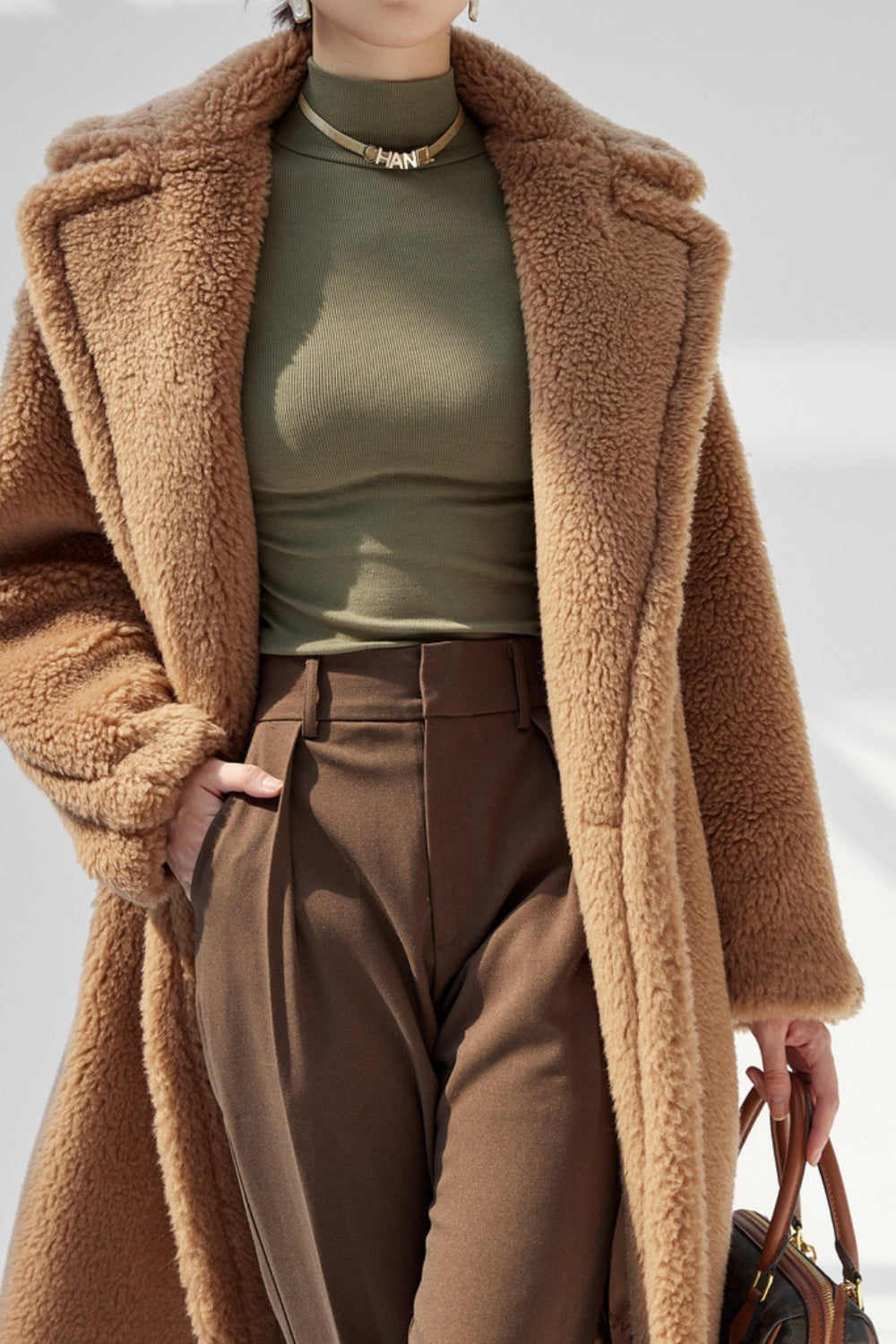 Marron Revers Entonné Long Manteau en laine teddy