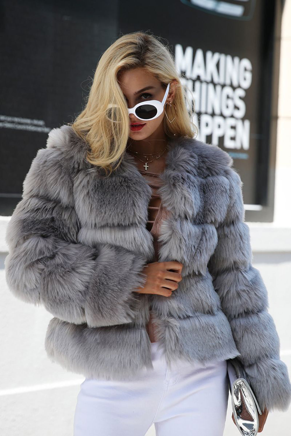 Gris Moelleux Cropeed Shawl Lapel Fausse Fourrure Shearling Manteau