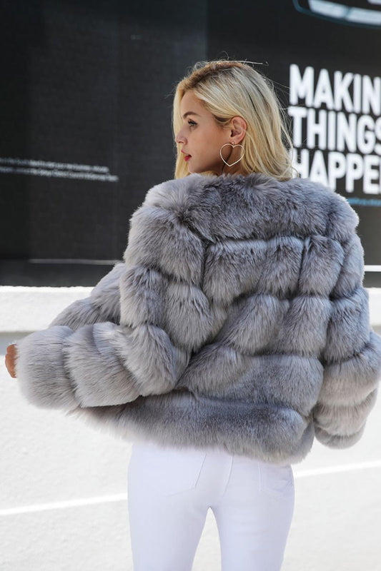 Gris Moelleux Cropeed Shawl Lapel Fausse Fourrure Shearling Manteau