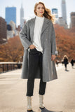 Manteau long croisé gris en laine mélangée avec ceinture