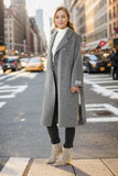 Manteau long croisé gris en laine mélangée avec ceinture
