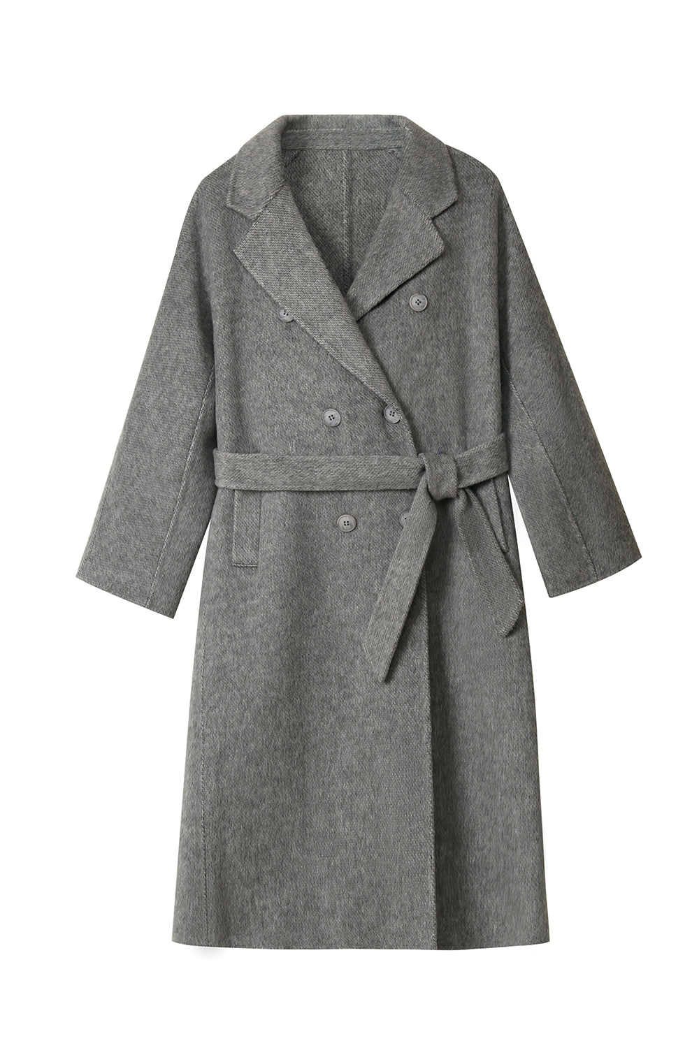 Manteau long croisé gris en laine mélangée avec ceinture