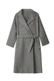 Manteau long croisé gris en laine mélangée avec ceinture