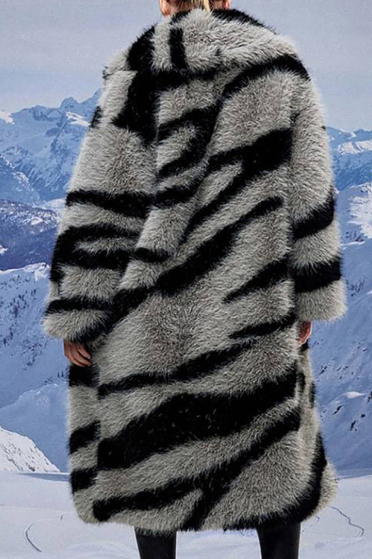Motif zèbre gris foncé imitation manteau en shearling longue fausse fourrure surdimensionnée