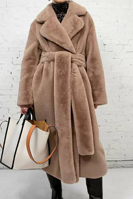 Manteau long ouvert en peau de mouton en fausse fourrure kaki avec ceinture