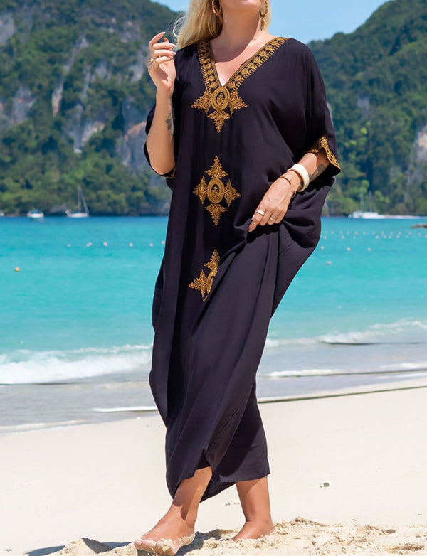 Caftan élégant brodé d'or rétro robe blanche à col en V