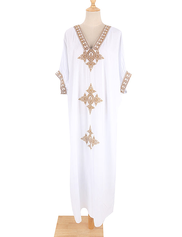 Caftan élégant brodé d'or rétro robe blanche à col en V