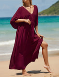 Caftan décontracté couleur unie longue robe ample à col en V