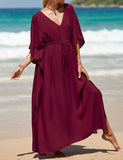 Caftan décontracté couleur unie longue robe ample à col en V