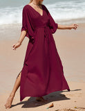 Caftan décontracté couleur unie longue robe ample à col en V