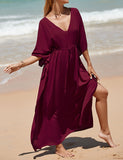 Caftan décontracté couleur unie longue robe ample à col en V