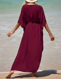 Caftan décontracté couleur unie longue robe ample à col en V