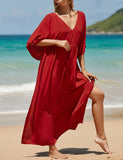 Caftan décontracté couleur unie longue robe ample à col en V