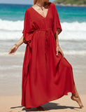 Caftan décontracté couleur unie longue robe ample à col en V