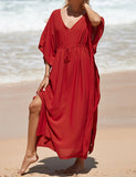 Caftan décontracté couleur unie longue robe ample à col en V