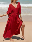 Caftan décontracté couleur unie longue robe ample à col en V