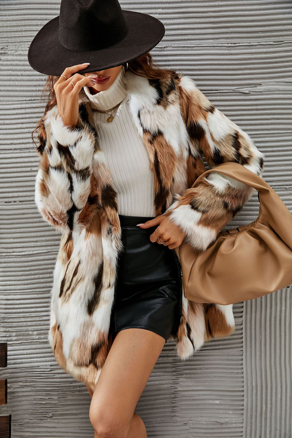 Yellow Leopard imprimé fausse fourrure Midi Femmes Manteau