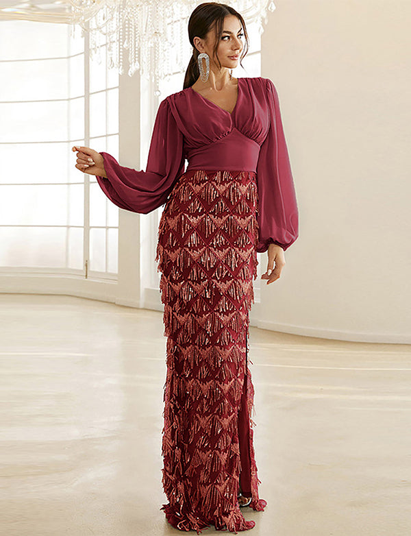 Robe fourreau argentée à manches longues avec fente pour la mère de la mariée