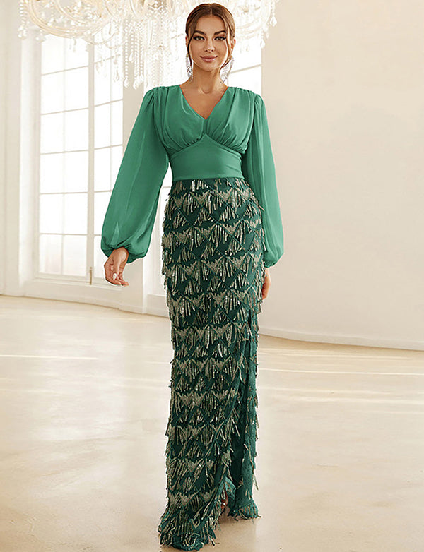 Robe fourreau argentée à manches longues avec fente pour la mère de la mariée