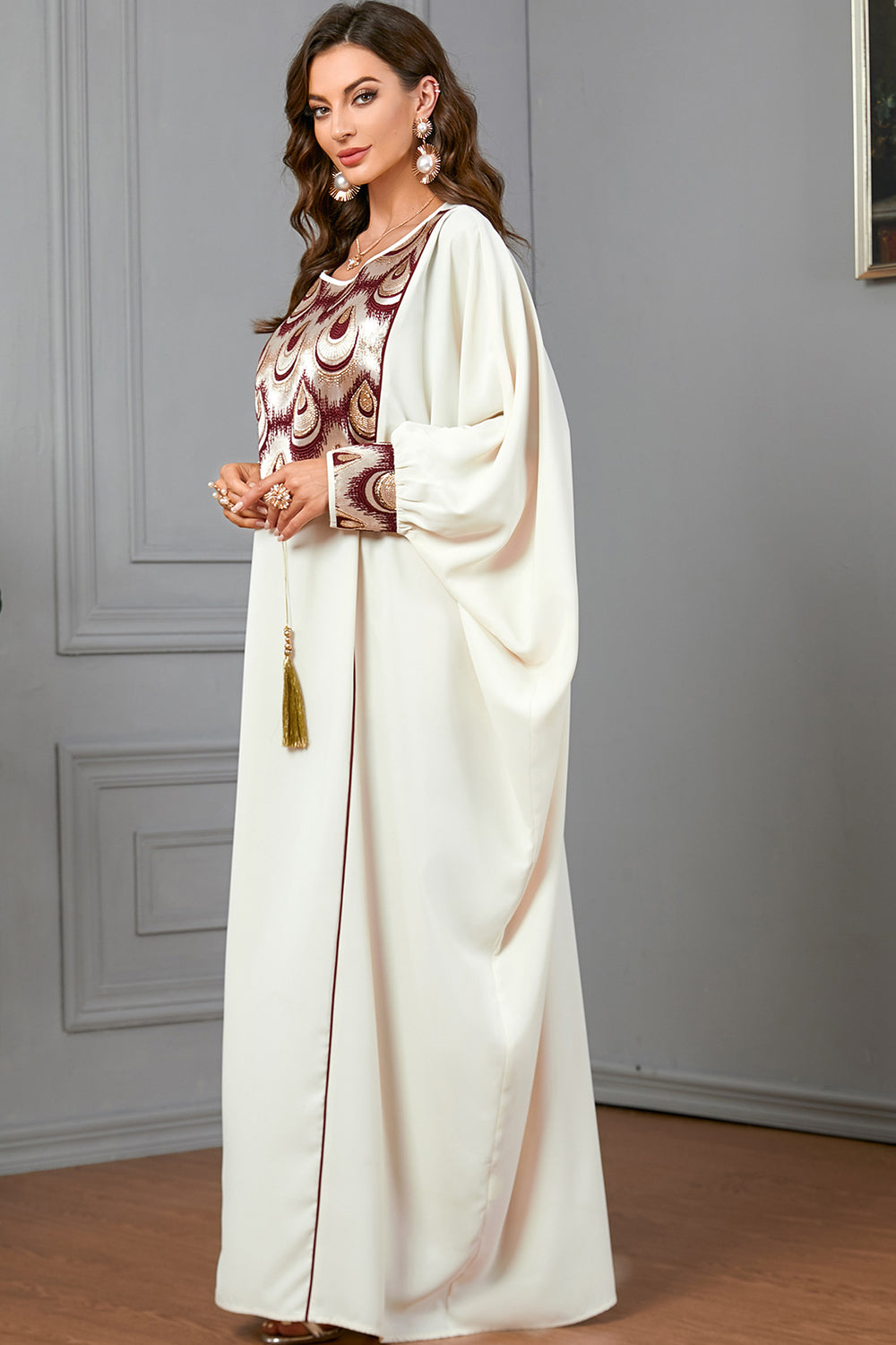 Robe de soirée abaya caftan blanche à manches longues chauve-souris