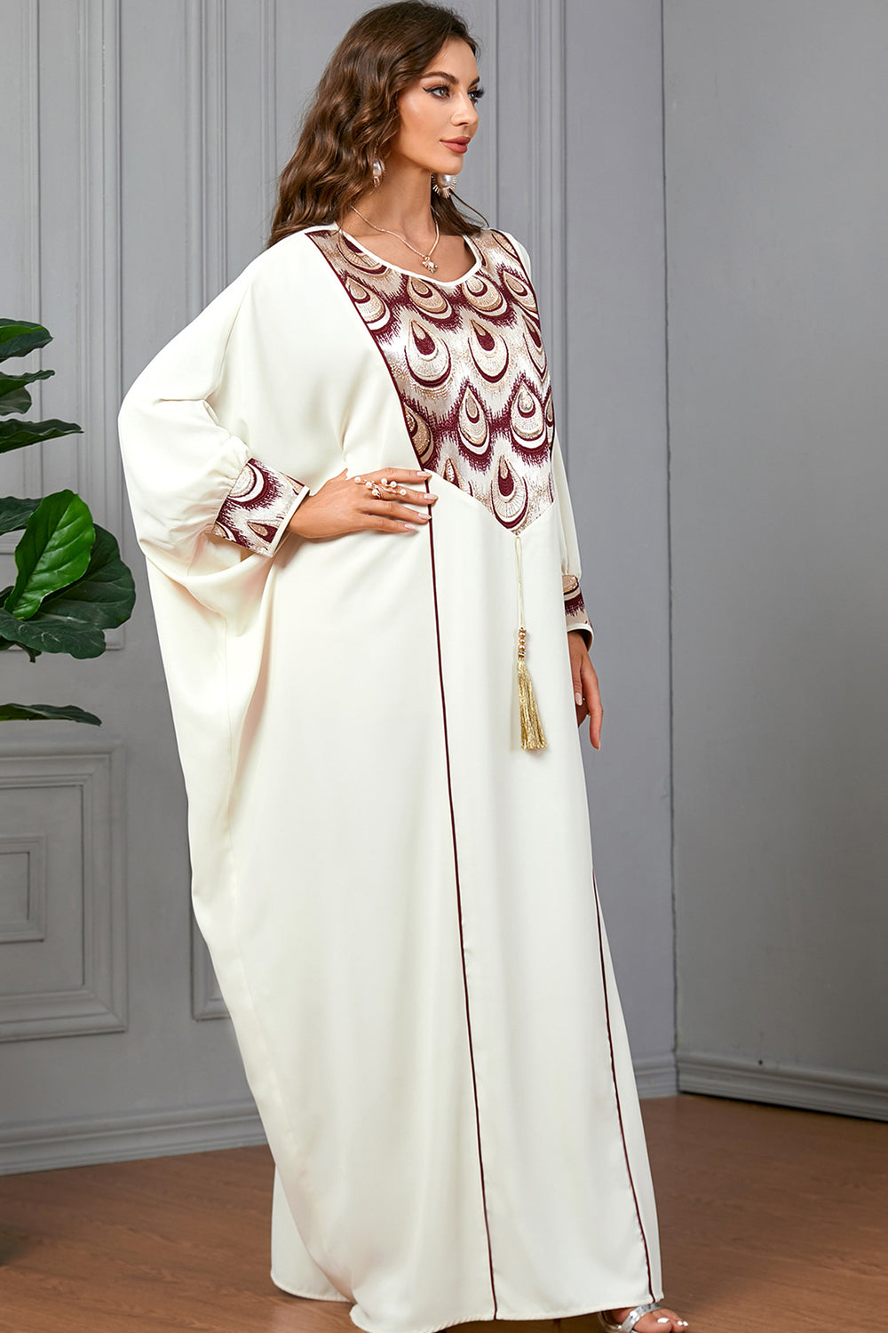 Robe de soirée abaya caftan blanche à manches longues chauve-souris