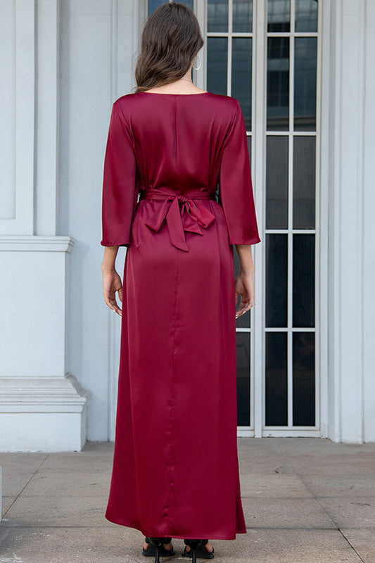 Robe caftan Abaya en mousseline de soie bordeaux à manches longues et perles