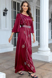 Robe caftan Abaya en mousseline de soie bordeaux à manches longues et perles