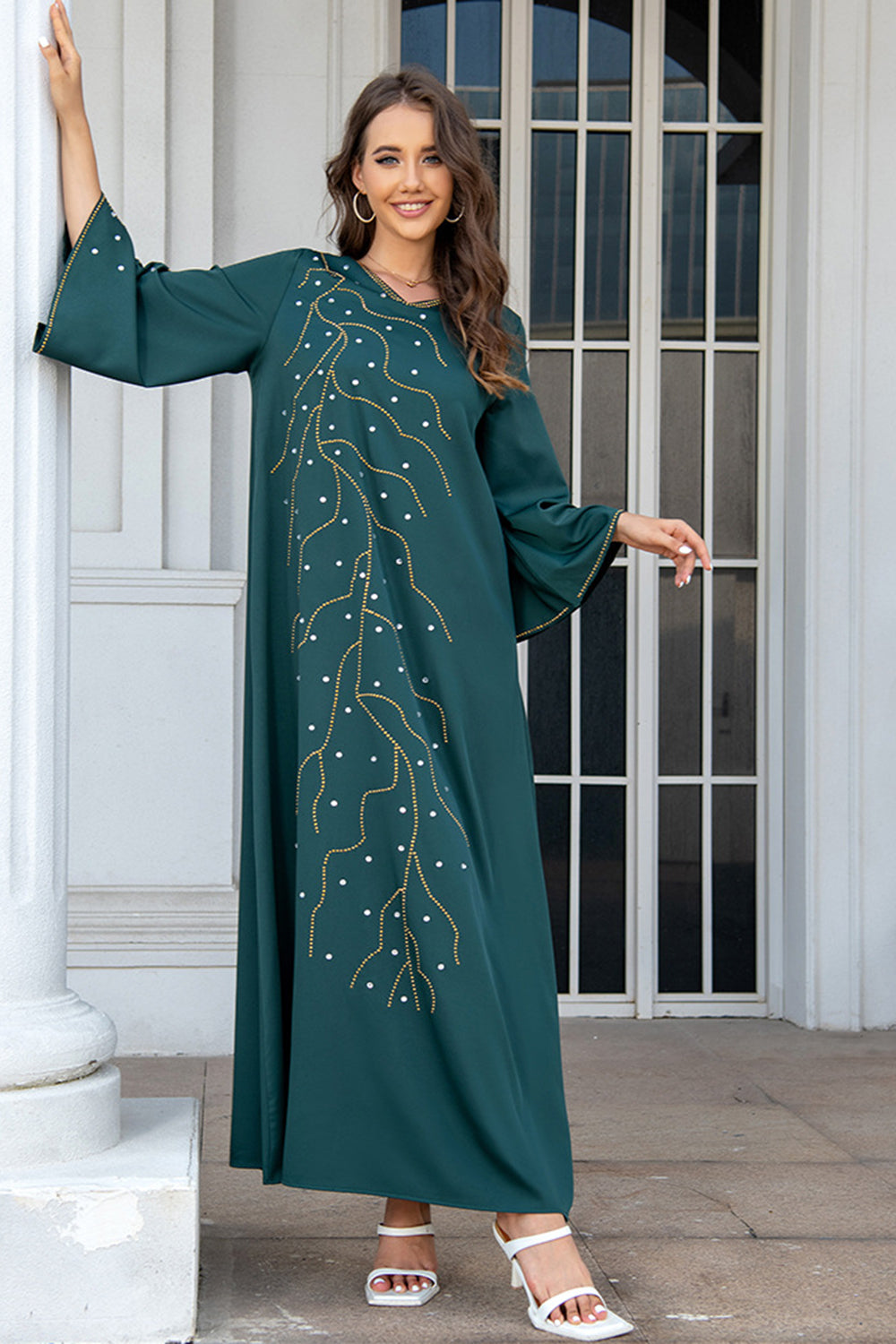 Robe en mousseline de soie Abaya Kaftan d'été perlée vert foncé