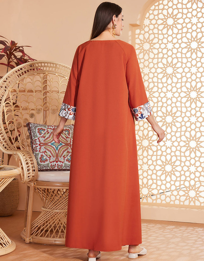 Caftan Abaya simple imprimé orange à manches longues
