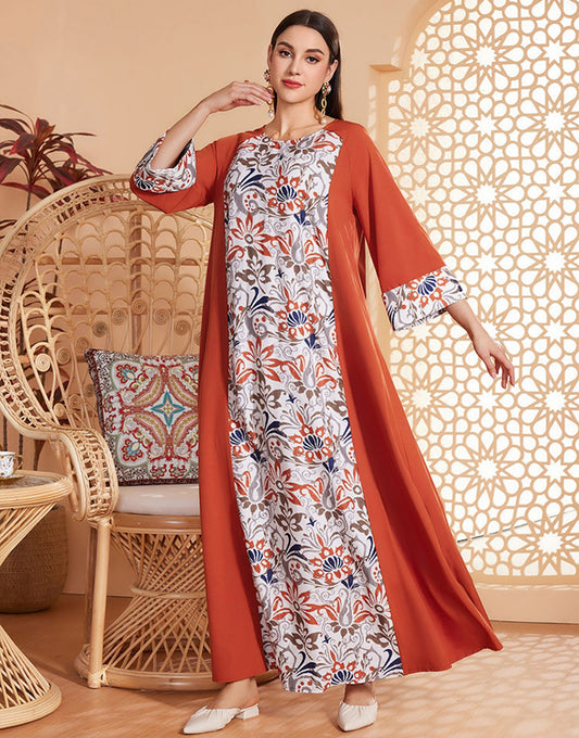 Robe ample imprimée à manches 3/4 et col rond de style classique