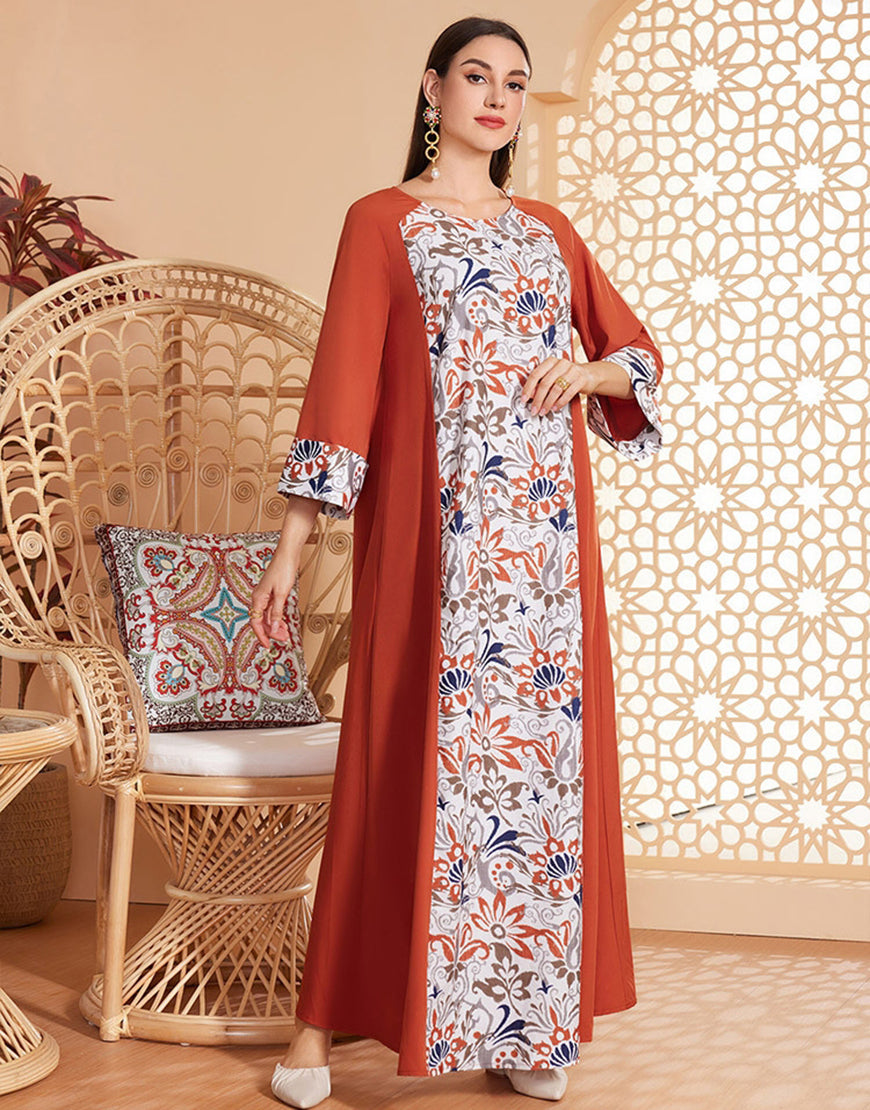 Robe ample imprimée à manches 3/4 et col rond de style classique