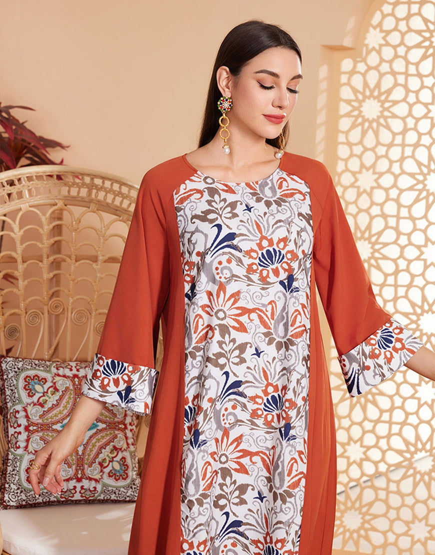 Robe ample imprimée à manches 3/4 et col rond de style classique