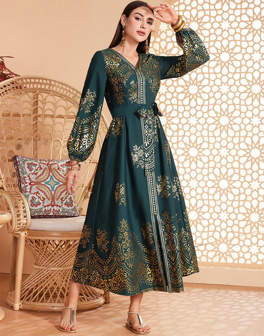 Robe Moyen-Orientale Ceinturée à Col en V avec Manches Longues