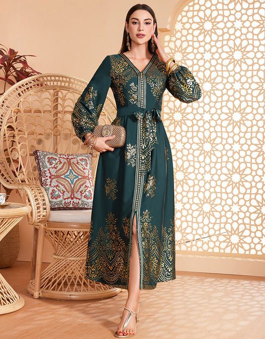 Robe Moyen-Orientale Ceinturée à Col en V avec Manches Longues
