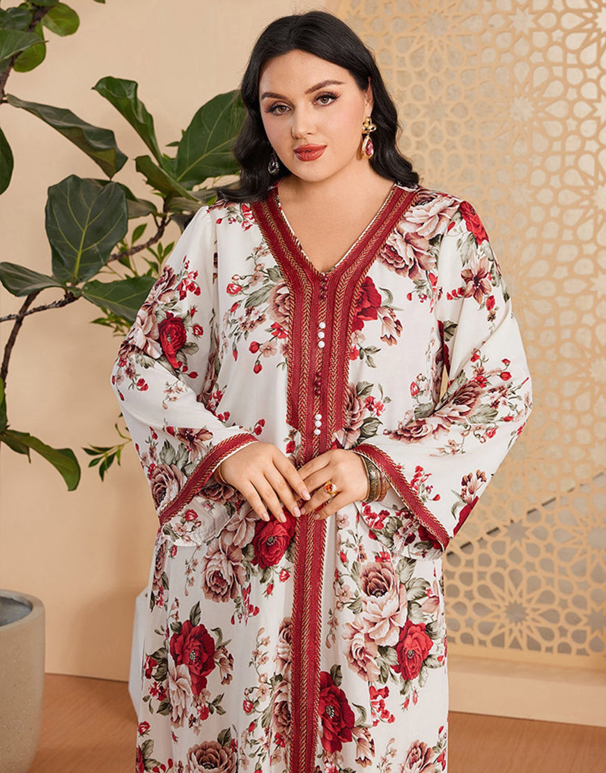 Robe Longue à Col en V avec Manches Longues