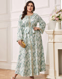 Robe caftan Abaya grande taille à fleurs vertes avec ceinture