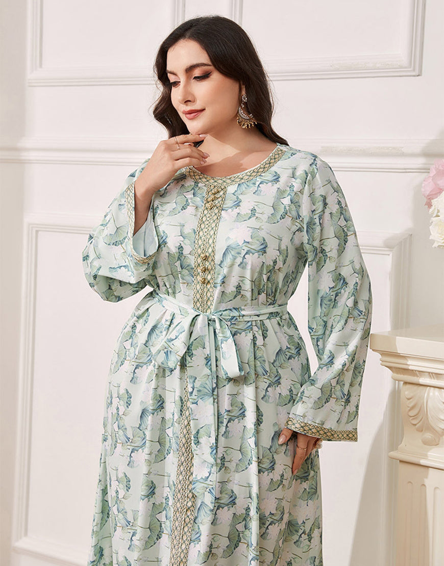Robe caftan Abaya grande taille à fleurs vertes avec ceinture
