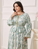 Robe caftan Abaya grande taille à fleurs vertes avec ceinture