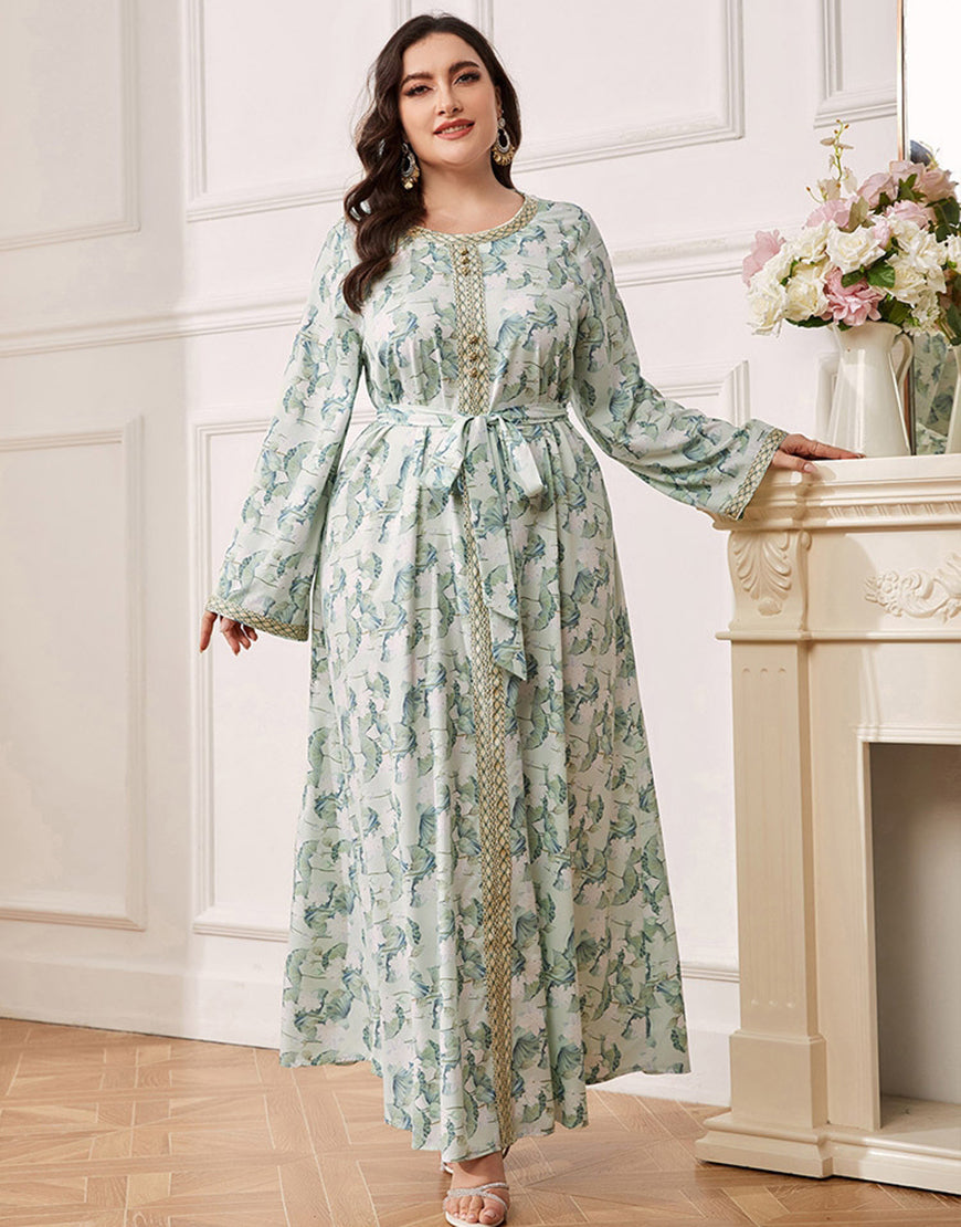 Robe caftan Abaya grande taille à fleurs vertes avec ceinture