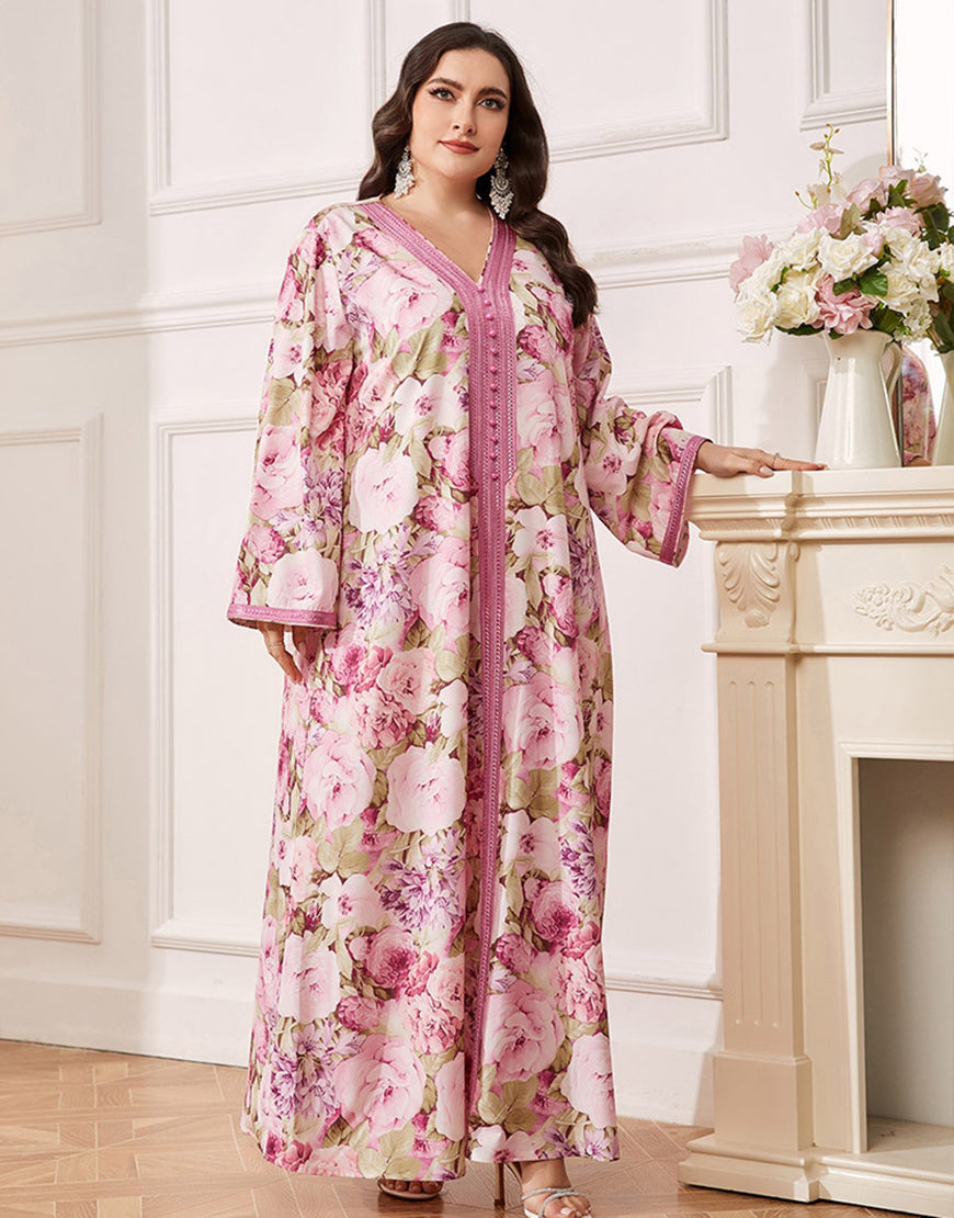 Robe caftan Abaya grande taille à fleurs Rose Pin avec ceinture