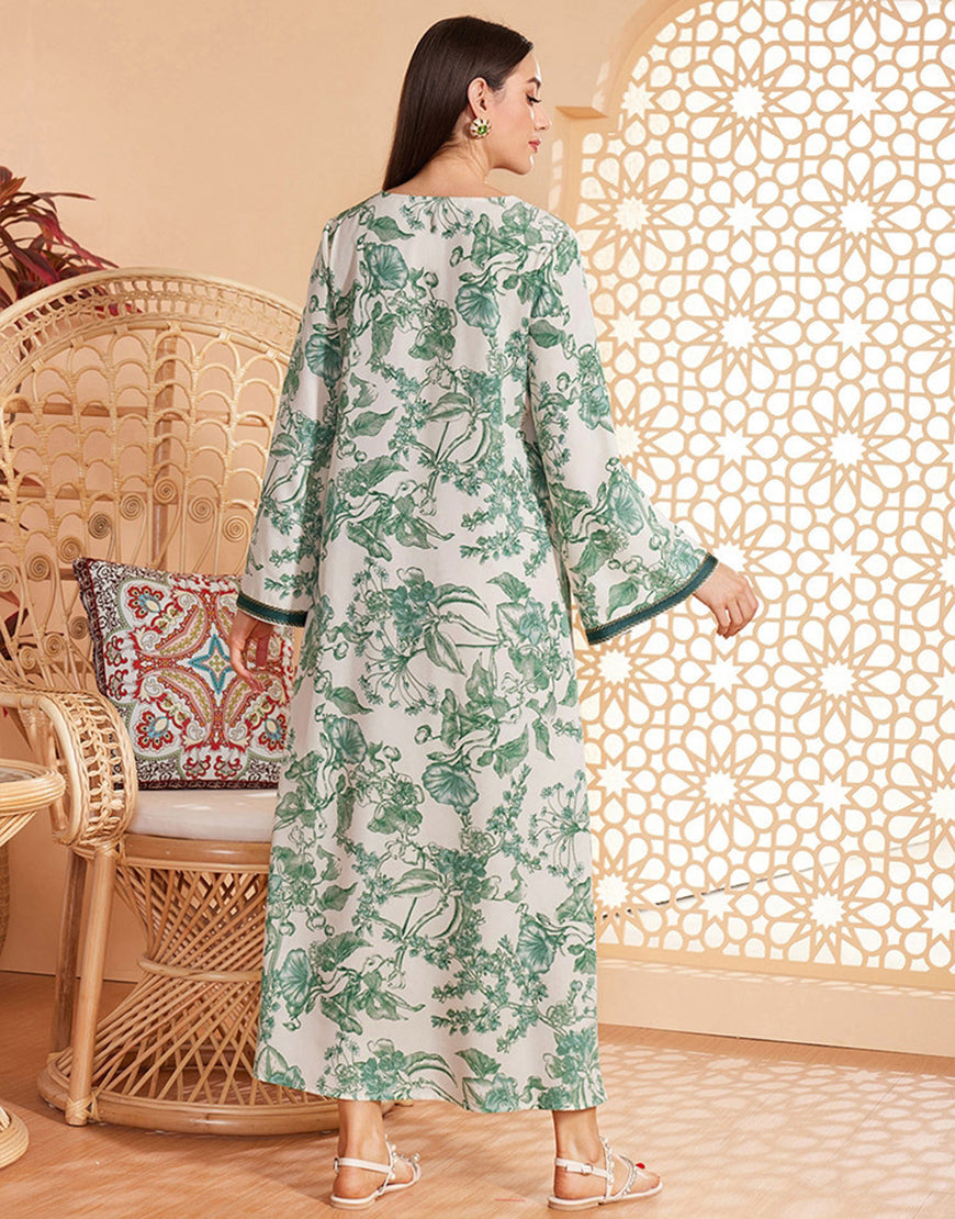 Caftan marocain Abaya en mousseline de soie florale verte