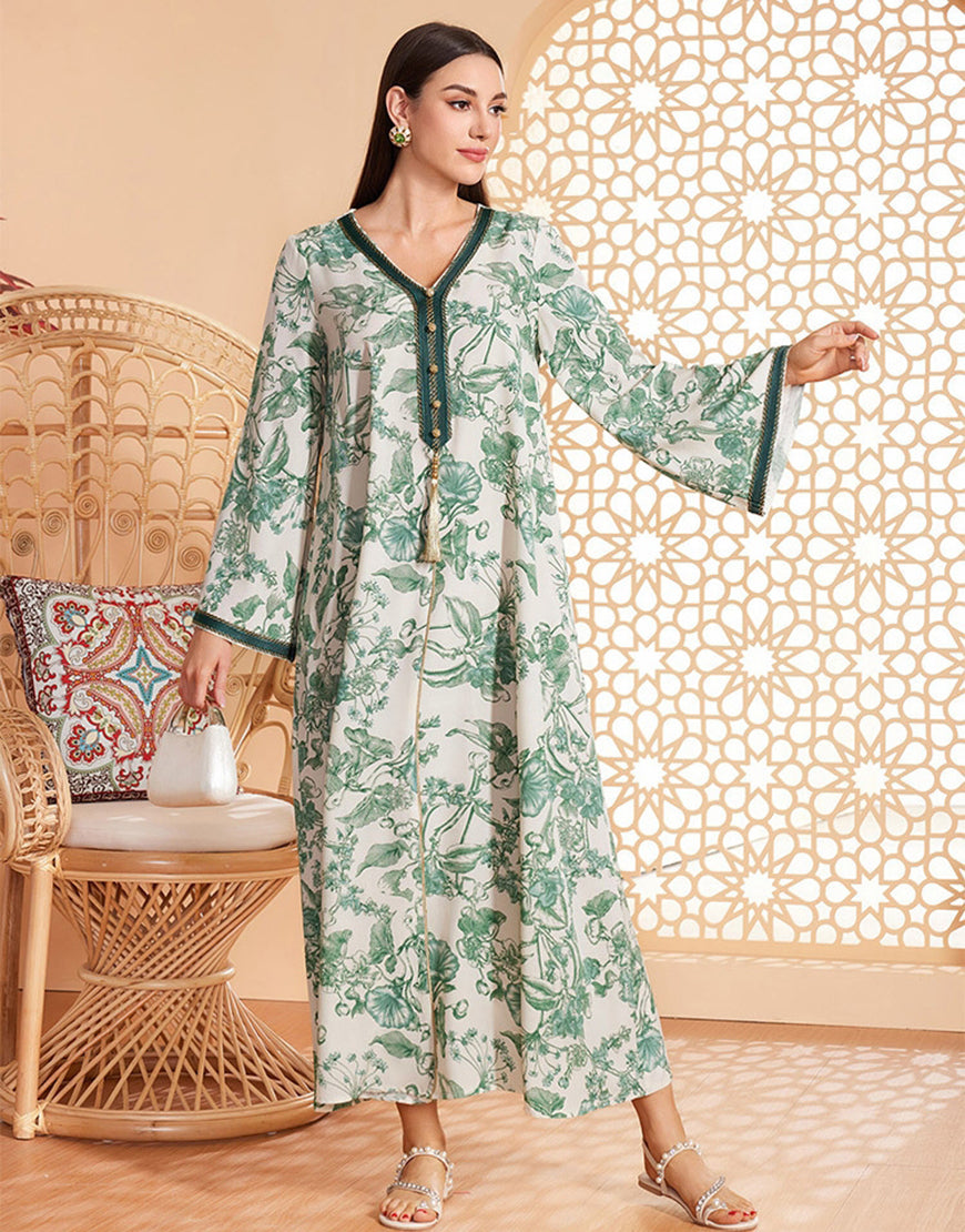 Caftan marocain Abaya en mousseline de soie florale verte