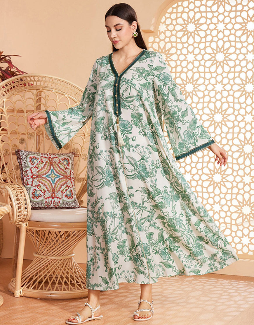 Caftan marocain Abaya en mousseline de soie florale verte