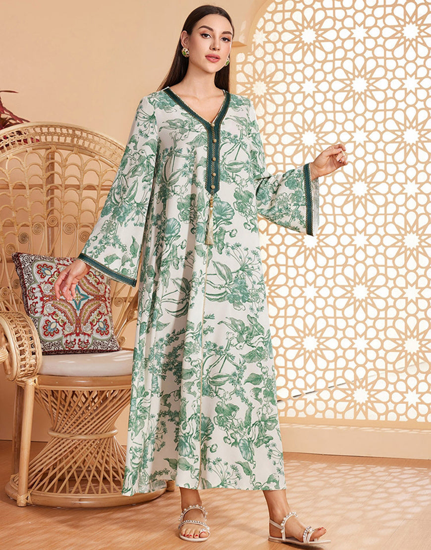 Caftan marocain Abaya en mousseline de soie florale verte