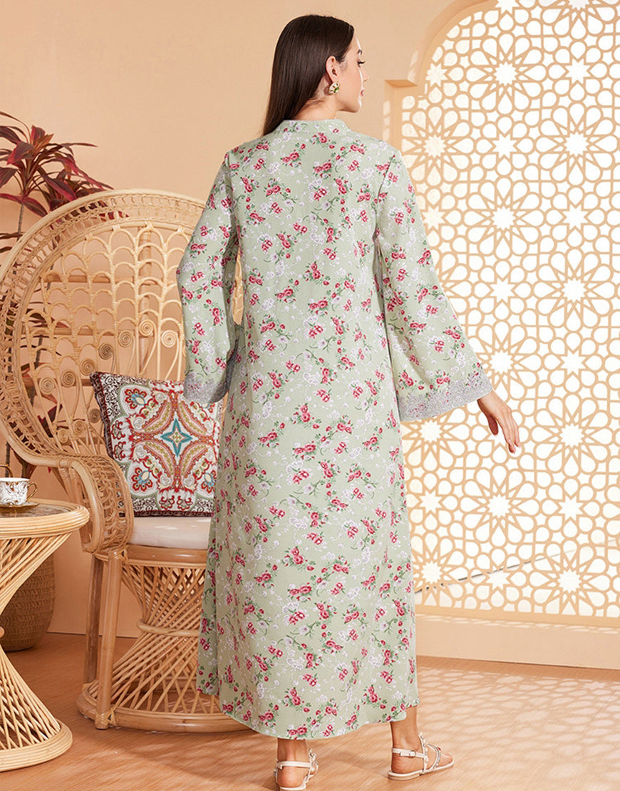 Robe Longue en Tissu Tissé à Col en V avec Manches Longues et Imprimé Fleuri