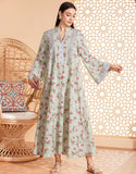 Caftan marocain Abaya en mousseline de soie florale gris vert